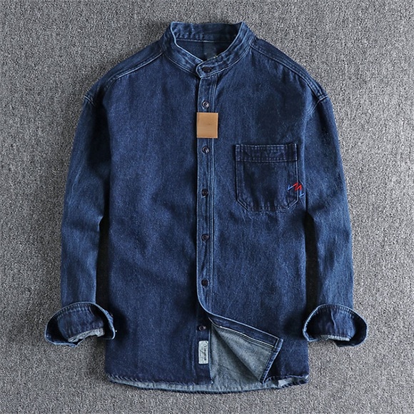 Herren Jeanshemd Knopfhemd Lässiges Hemd Chambray-Hemd Sommerhemd Glatt Stehkragen Dunkelblau Leicht Blau Outdoor Strasse Langarm Tasche Bekleidung Modisch Casual Komfortabel Lightinthebox