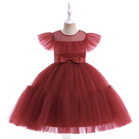 kinderkleidung Mädchen Party Kleid Feste Farbe abendkleider Knielang Kleid Leistung Rundhalsausschnitt Kurzarm Prinzessin Kleid 3-8 Jahre Herbst Wein Lightinthebox