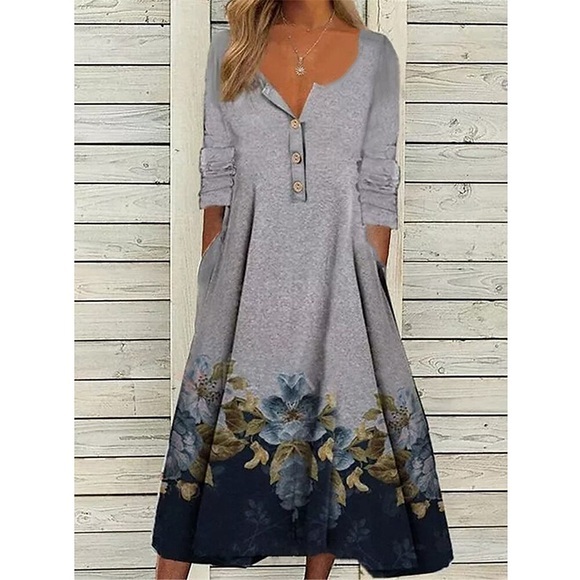 Damen Lässiges Kleid Etuikleid Schaukelkleid Blumen Taste Tasche Rundhalsausschnitt Midikleid Aktiv Modisch Outdoor Täglich 3/4 Ärmel Lockere Passform Grau Herbst Frühling S M L XL Lightinthebox
