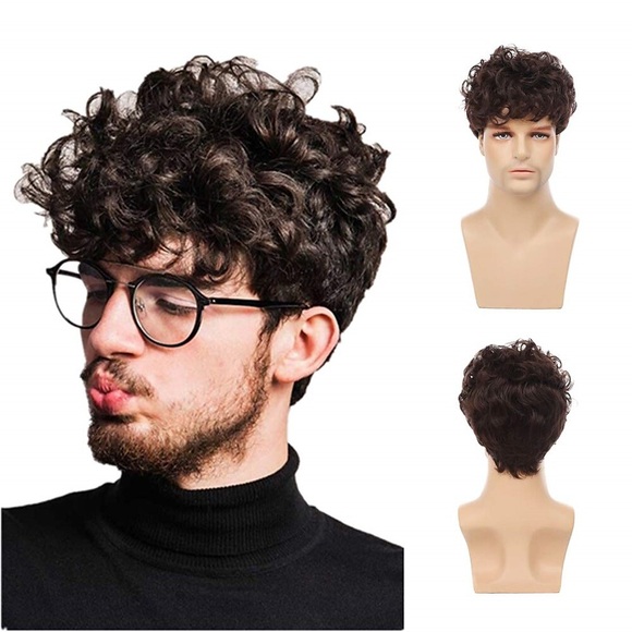 Männer braune Afro-Perücke geschichtete kurze flauschige lockige Kunsthaar-Halloween-Party-Cosplay-Kostüm-Vollperücken Lightinthebox
