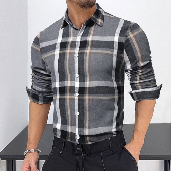 Herren Knopfhemd Kariertes Hemd trachtenhemd Lässiges Hemd Sommerhemd Plaid / Karomuster Kargen Grau Outdoor Strasse Langarm Bekleidung Modisch Casual Komfortabel Lightinthebox