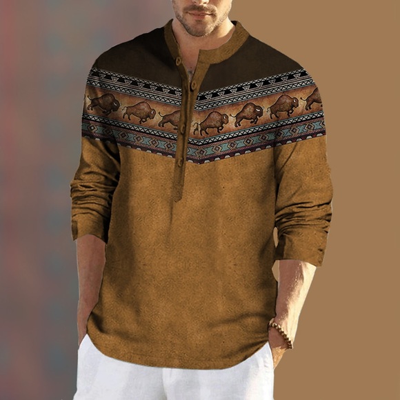 Herren Hemd Stammes Grafik-Drucke Vintage Ständer Blau Braun Grau Outdoor Strasse Langarm Button-Down Bedruckt Bekleidung Vintage Designer Ethnischer Stil Casual Lightinthebox