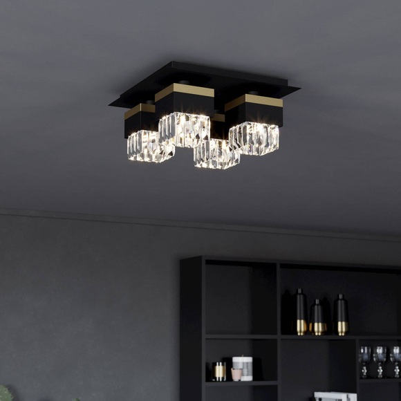 Deckenlampe Barrancas, schwarz/gold, Kristallglas