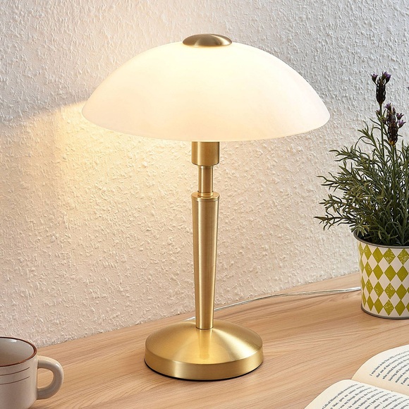 Tischleuchte Tibby mit Glasschirm in Messing Antik