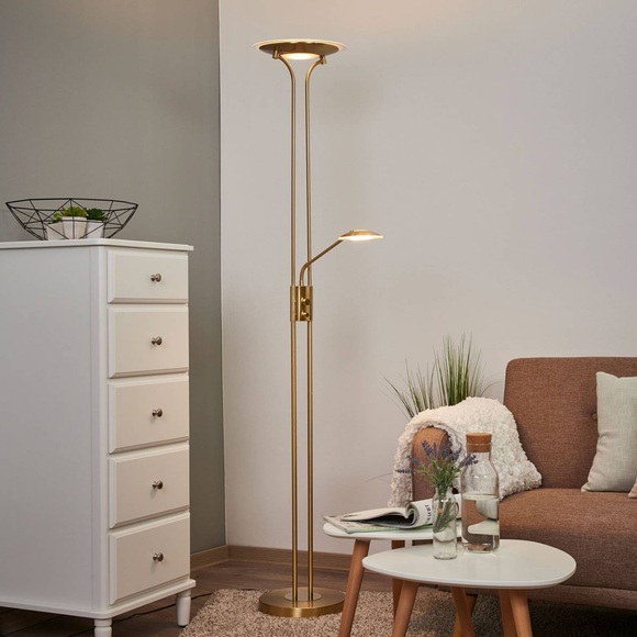 Messingfarbene LED-Stehlampe Aras m. Leselicht