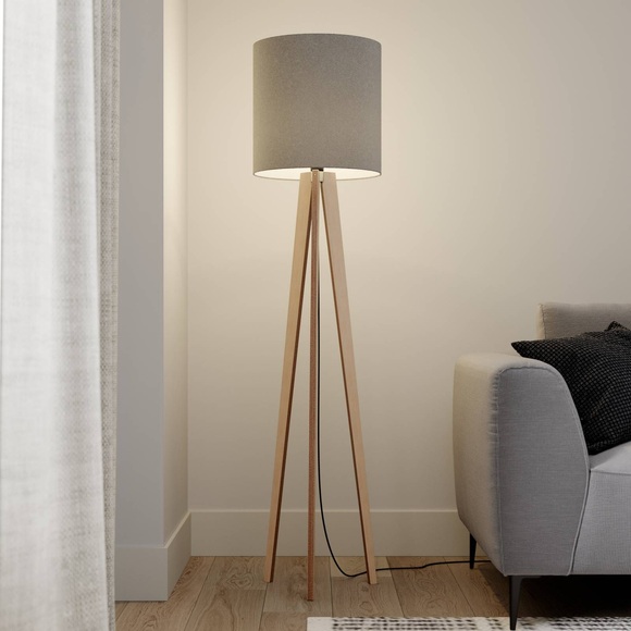 Textil-Stehlampe Nida mit dreibeinigem Holzgestell