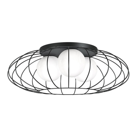 Deckenlampe Kronos, Käfig schwarz, drei Opalkugeln