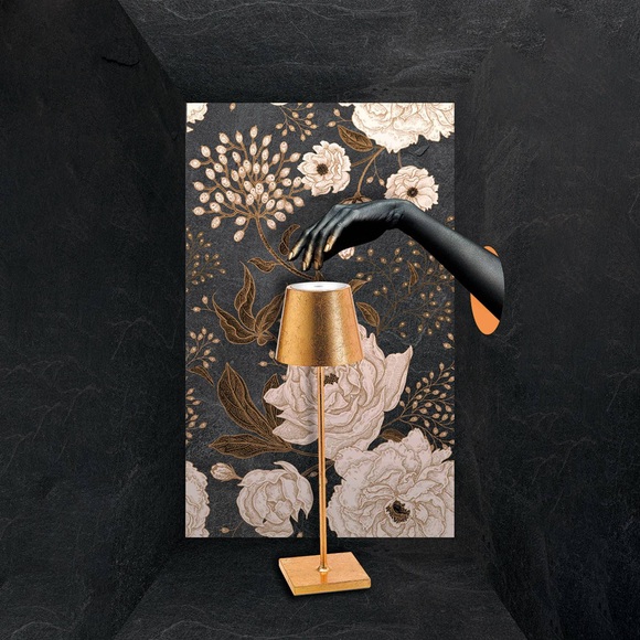 LED-Tischlampe Poldina mit Dekor, portabel, gold