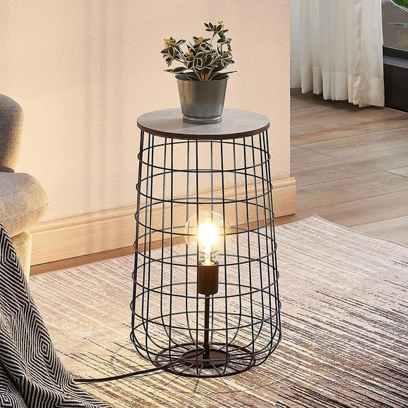 Lindby Winnie Korb-Tischlampe mit Holzplatte