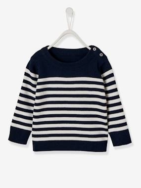 Streifenpullover für Baby Jungen nachtblau/wollweiß gestreift