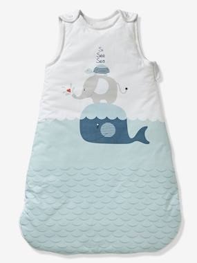 Baby Schlafsack Wal, ärmellos weiss/blau bedruckt