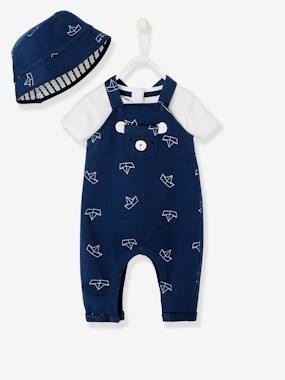 Babyset aus Sonnenhut, Body und Latzhose dunkelblau/weiss