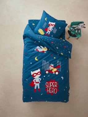 Set aus Bettbezug und Kissenbezug für Kinder Superkatze blau bedruckt