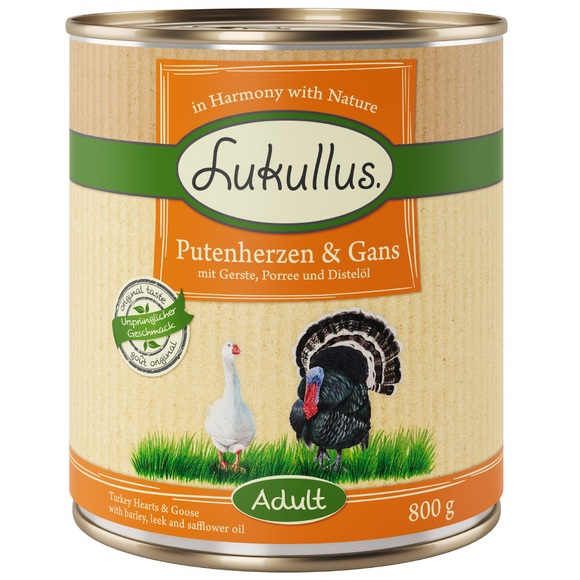 Lukullus Naturkost Adult 6 x 800 g - Putenherzen & Gans