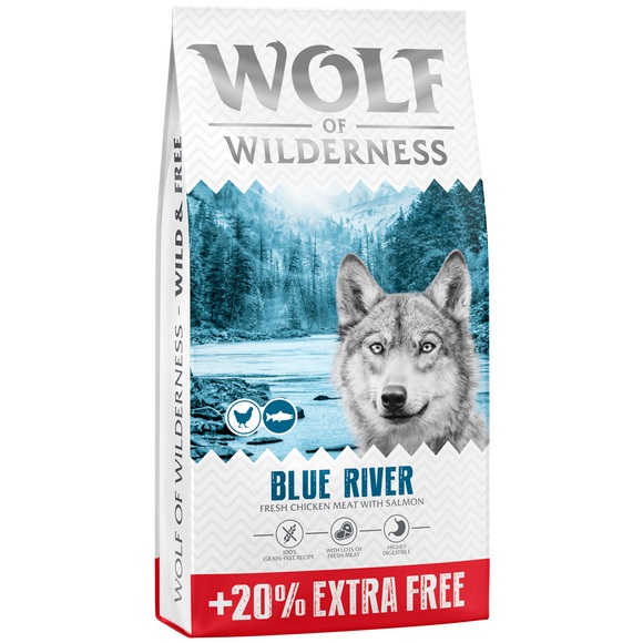 12 + 2,4 kg gratis! Wolf of Wilderness Adult 14,4 kg - Blue River Lachs neue Rezeptur