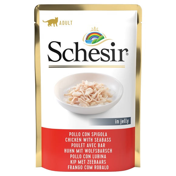Schesir Katze Jelly Pouch 6 x 85 g - Huhn mit Wolfsbarsch