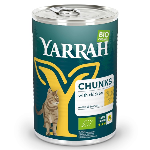 Yarrah Bio Chunks 6 x 405 g - Bio Huhn mit Bio Brennnesseln & Bio Tomaten in Soße