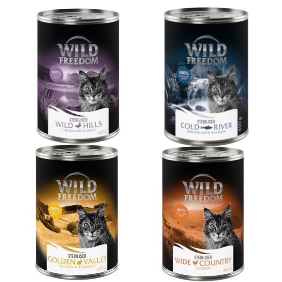 Wild Freedom Adult Sterilised 6 x 400 g - getreidefreie Rezeptur - Mix (2x Huhn pur, 2x Huhn & Seelachs, 1x Huhn & Kaninchen, 1x Huhn & Ente)