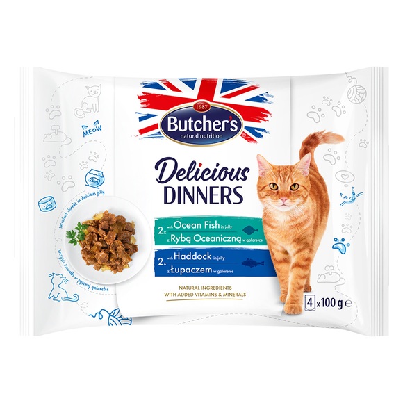 Megapack Butcher's Delicious Dinners Katze 64 x 100 g - Mix: Meeresfisch, Schellfisch