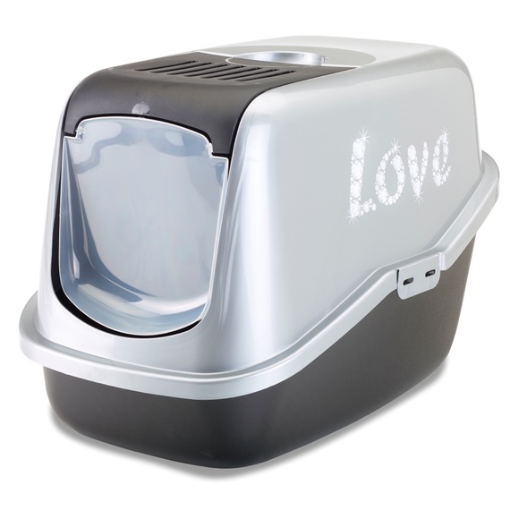 Savic Katzentoilette Nestor Impression ´´Love´´ - Toilette schwarz / silber mit ´´Love´´ Druck