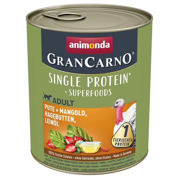 5 + 1 gratis! 6 x 800 g Animonda GranCarno Adult Superfoods - Pute + Mangold, Hagebutten, Leinöl