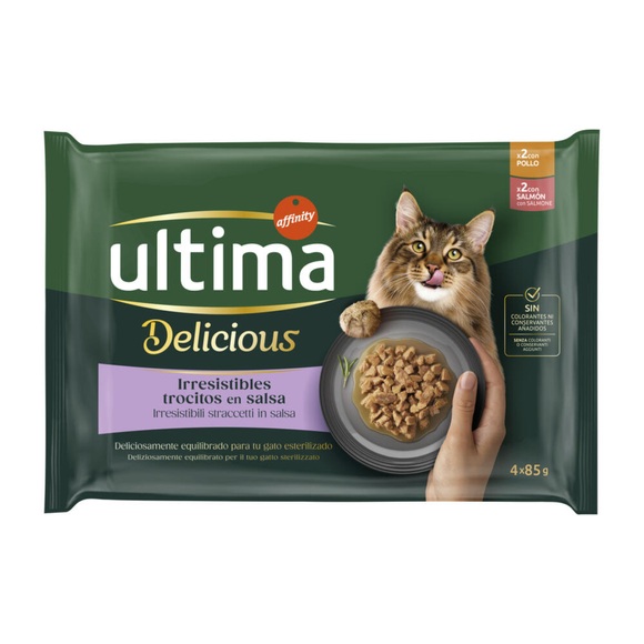 40 + 8 gratis! 48 x 85 g Ultima Katzenfutter 4,08 kg - Sterilized: Huhn und Lachs