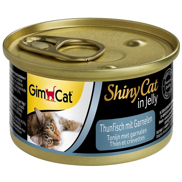 10 + 2 gratis! 12 x 70 g GimCat ShinyCat Jelly - Thunfisch & Garnelen