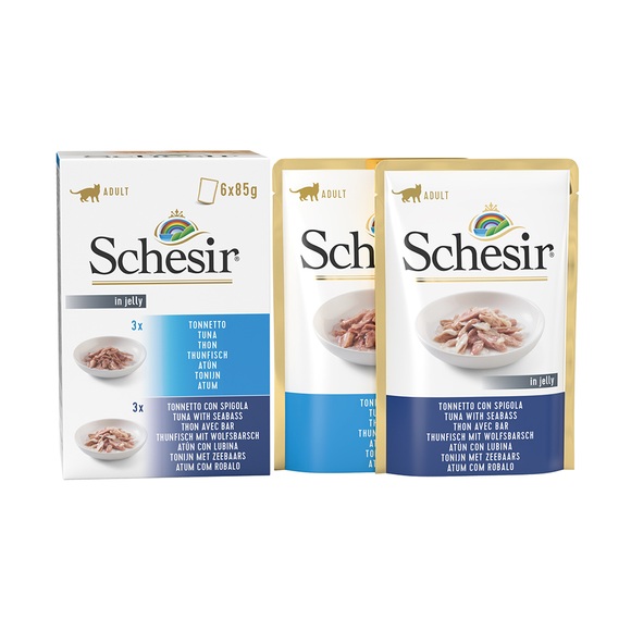 Schesir Katze Jelly Pouch 6 x 85 g - Mix Thunfisch + Thunfisch mit Wolfsbarsch