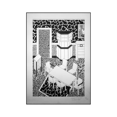 Drawing for Interior 3 Poster / Siebdruck by George J. Sowden, 1983 - Limitierte, signierte Ausgabe - Memphis Milano weiß/schwarz en papierfaser