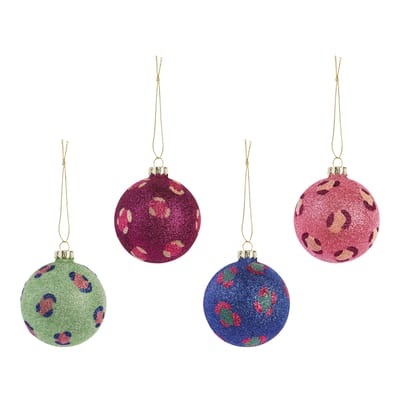 Leopard Glitter Weihnachtskugel / 4er Set - & klevering bunt en glas