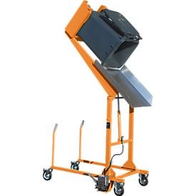Mülltonnen-Kippstation MKS, für 120 & 240 l Tonnen, Ausschütthöhe 1480 mm, Kippw. 135°, bis 110 kg, Rollen, Fußpumpe, RAL 2000
