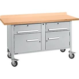 Mobile Werkbank Schäfer Shop Select PWi 150-0, Buche-Multiplexplatte, bis 400 kg, B 1500 x T 700 x H 840 mm, Weissaluminium