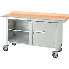 Mobile Werkbank Schäfer Shop Select PWi 150-1, Buche-Multiplexplatte, mit Stahlkante, bis 400 kg, B 1500 x T 700 x H 840 mm, Lichtgrau