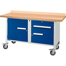 Mobile Werkbank Schäfer Shop Select PWi 150-3, Buche-Multiplexplatte, bis 400 kg, B 1500 x T 700 x H 840 mm, Lichtgrau/Enzianblau