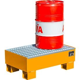 Stahl-Auffangwanne für 60-l-Fass LxBxH 800 x 500 x 290 mm lackiert orange RAL 2000, mit Gitterrost