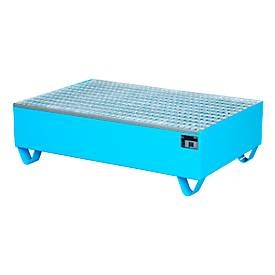 Auffangwanne, für 2 Fässer à 200 l, mit verzinktem Gitterrost, L 1200 x B 800 x H 360 mm, unterfahrbar, Stahl, lichtblau RAL 5012