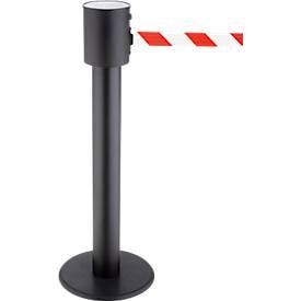 Absperrpfosten RS-Guidesystems® GLA 200, schwarz, Gurtband rot-weiss & ausziehbar bis 20 m, Ø 350 x H 1000 mm, Metall lackiert & Kunststoff