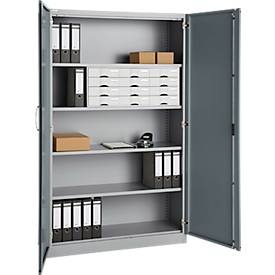 Büroschrank, 5 OH, abschliessbar, mit aufliegenden Türen, B 1200 mm, Basaltgrau/Weissalu