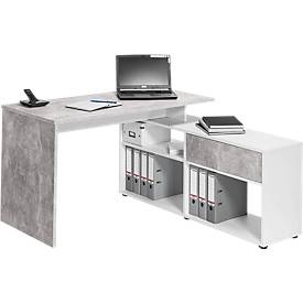 Eckschreibtisch, mit Regal-Sideboard, Wangenfuß, B 1300 x T 600/1370 x H 742 mm, Beton/ Icy weiß