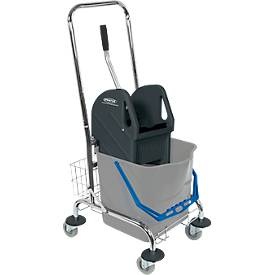 Nasswischwagen LxBxH 420 x 520 x 420 mm, Metall, 1 x 27-l-Einfachfahreimer mit 27 l Volumen, Schubbügel, Ablagekorb, Doppelbacken-Mopp-Presse