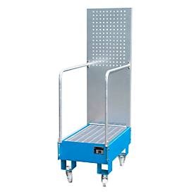 Fahrbare Auffangwanne mit Lochplattenwand 2 x 60-l-Fass stehend hintereinander, LxBxH 875 x 500 x 1685 mm lichtblau