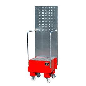 Fahrbare Auffangwanne mit Lochplattenwand 1 x 60-l-Fass stehend, LxBxH 570 x 590 x 1775 mm feuerrot
