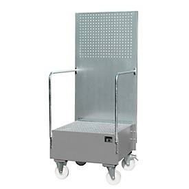 Fahrbare Auffangwanne mit Lochplattenwand 1 x 200-l-Fass stehend, LxBxH 870 x 890 x 2110 mm mausgrau