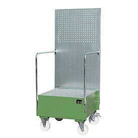 Fahrbare Auffangwanne mit Lochplattenwand 1 x 200-l-Fass stehend, LxBxH 870 x 890 x 2110 mm resedagrün