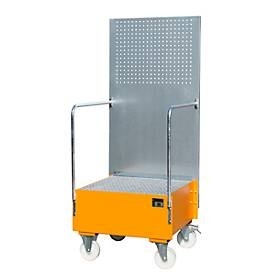 Fahrbare Auffangwanne mit Lochplattenwand 1 x 200-l-Fass stehend, LxBxH 870 x 890 x 2110 mm gelborange