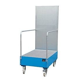 Fahrbare Auffangwanne mit Lochplattenwand 2 x 200-l-Fass stehend hintereinander, LxBxH 1200 x 800 x 2015 mm lichtblau