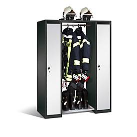 Feuerwehrspind S 3000 Evolo, 2 abschließbare Abteile + Garderobe-Zwischenteil, B 1260 x T 500 x H 1850 mm, Stahl, anthrazit RAL 7021/weißalu RAL 9006