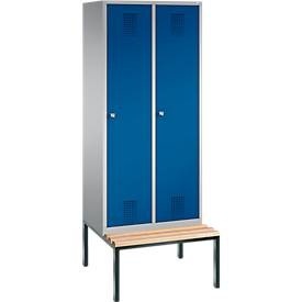 Garderobenspind Evolo S 3000, Stahl, m. untergeb. Sitzbank, 2 Abteile m. jew. B 400 mm, Zylinderschloss, weissaluminium RAL 9006/enzianblau RAL 5010
