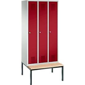 Garderobenspind Evolo S 3000, Stahl, m. untergeb. Sitzbank, 3 Abteile m. jew. B 300 mm, Zylinderschloss, lichtgrau RAL 7035/rubinrot RAL 3003