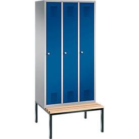 Garderobenspind Evolo S 3000, Stahl, m. untergeb. Sitzbank, 3 Abteile m. jew. B 300 mm, Zylinderschloss, weissaluminium RAL 9006/enzianblau RAL 5010